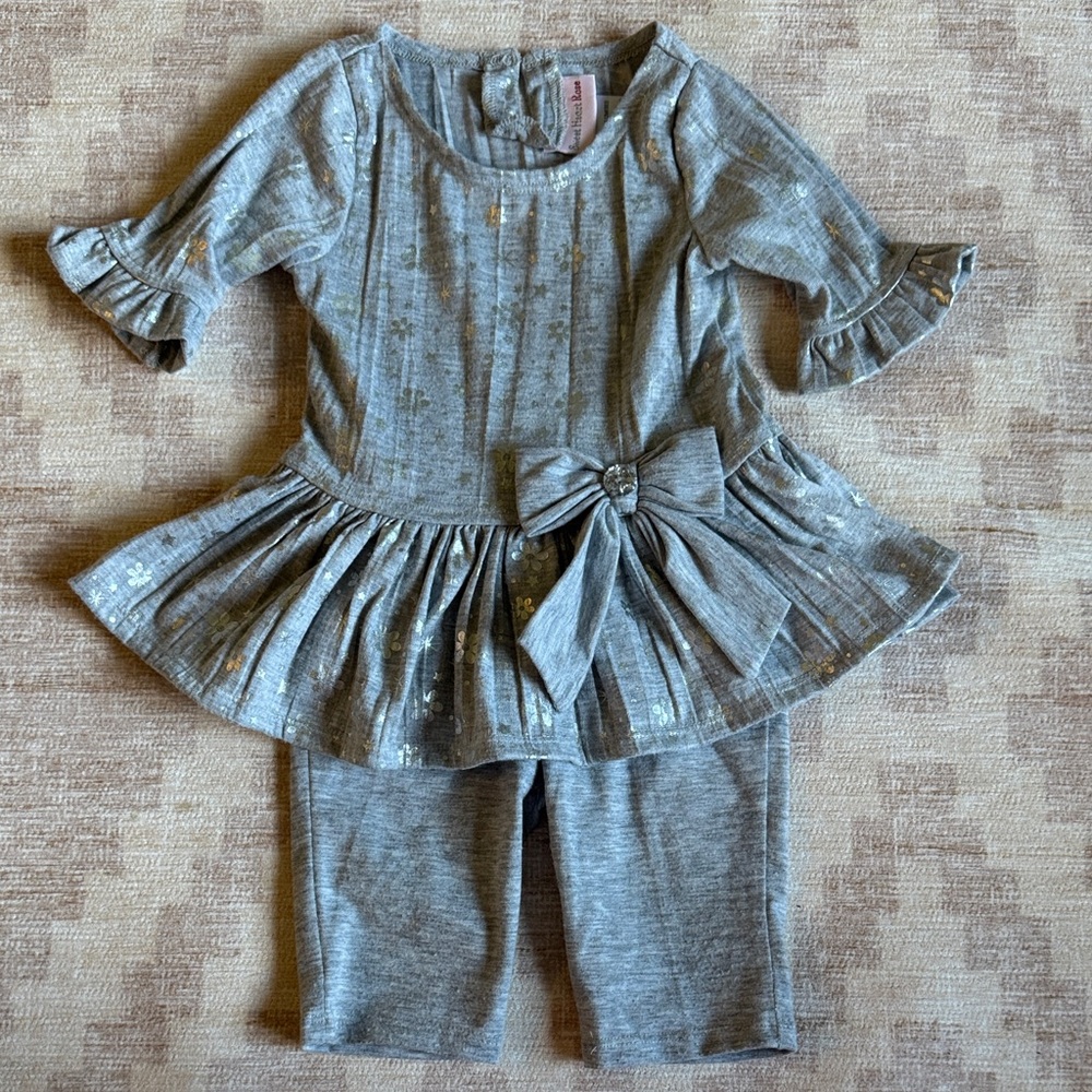 Sweet Heart Rose Gray and Silver 2 Piece Baby Outfit with Bow size 12M
